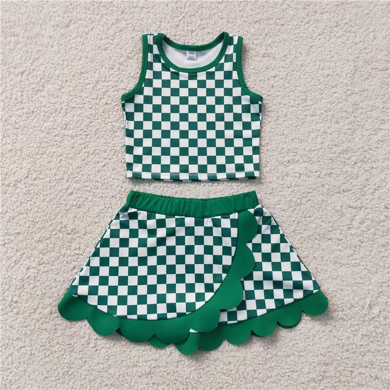RTS NO MOQ Sibling yoga fabric Baby Girls Sleeveless Vest Scallop Skirt Short Yoga Active  Set