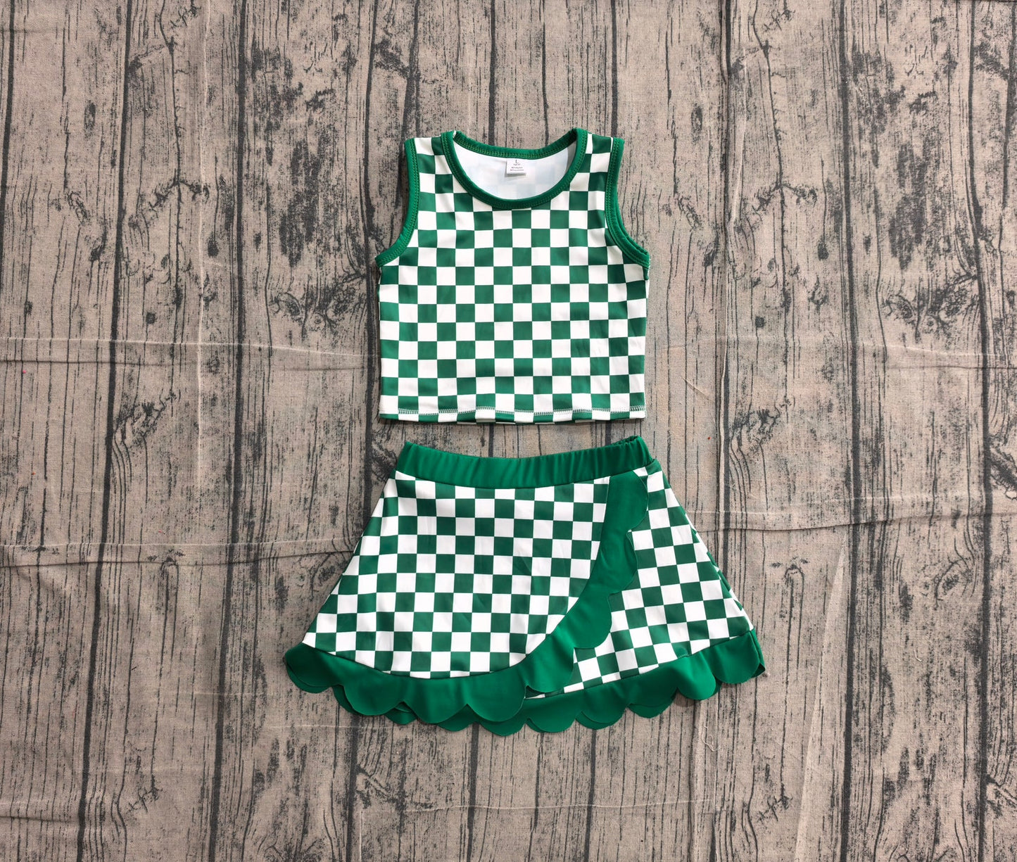 (Sample) No moq yoga GSD4178 Baby Girls Green Checked Vest Top Scallop Skirt Short Yoga Active Clothes Set