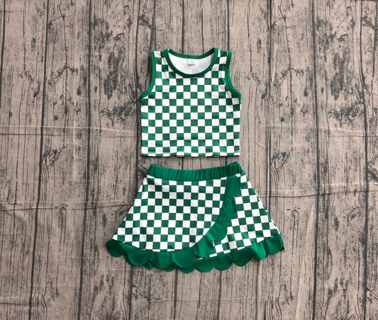 (Sample) No moq yoga GSD4178 Baby Girls Green Checked Vest Top Scallop Skirt Short Yoga Active Clothes Set