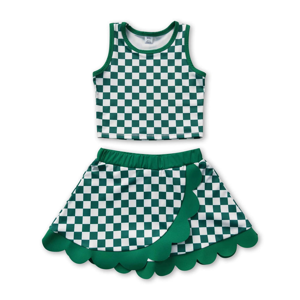 RTS NO MOQ Sibling yoga fabric Baby Girls Check Printed Top Scallop Skort Summer Yoga Active Clothes Set