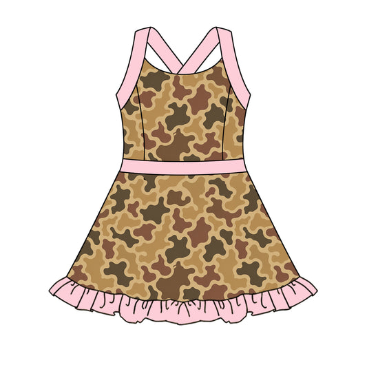 (Pre Order) No moq GSD4179 Yoga Baby Girls Summer Brown Camo Strap Ruffle Yoga Dress