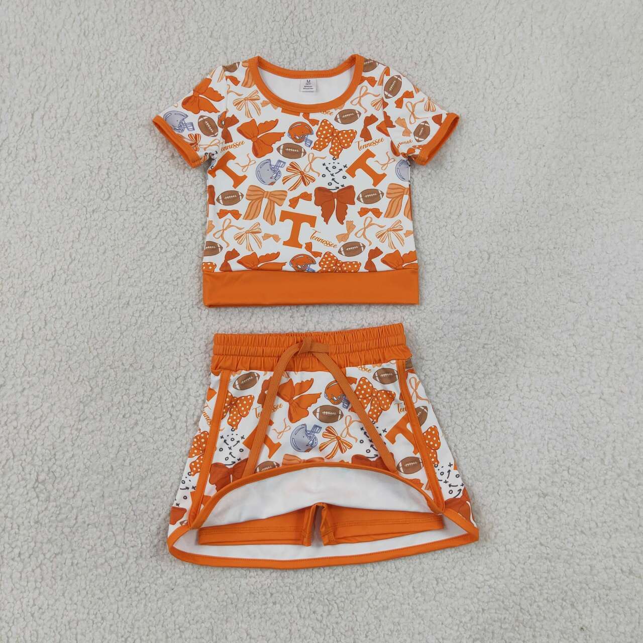 RTS NO MOQ yoga fabric GSD4181 Baby Girls Orange Bows Footballs Top Skirt Shorts Team Yoga Active Sets