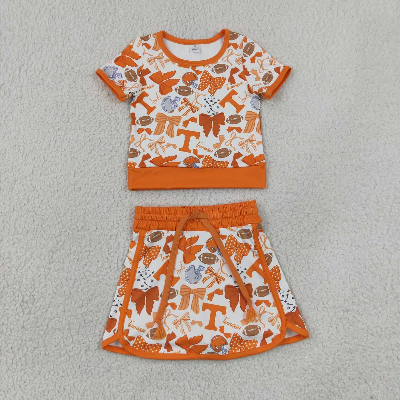 RTS NO MOQ yoga fabric GSD4181 Baby Girls Orange Bows Footballs Top Skirt Shorts Team Yoga Active Sets