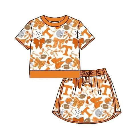 (Pre Order) No moq yoga fabric GSD4181 Baby Girls Yoga Team Outfit Bow Short Sleeve Top Skirt Set
