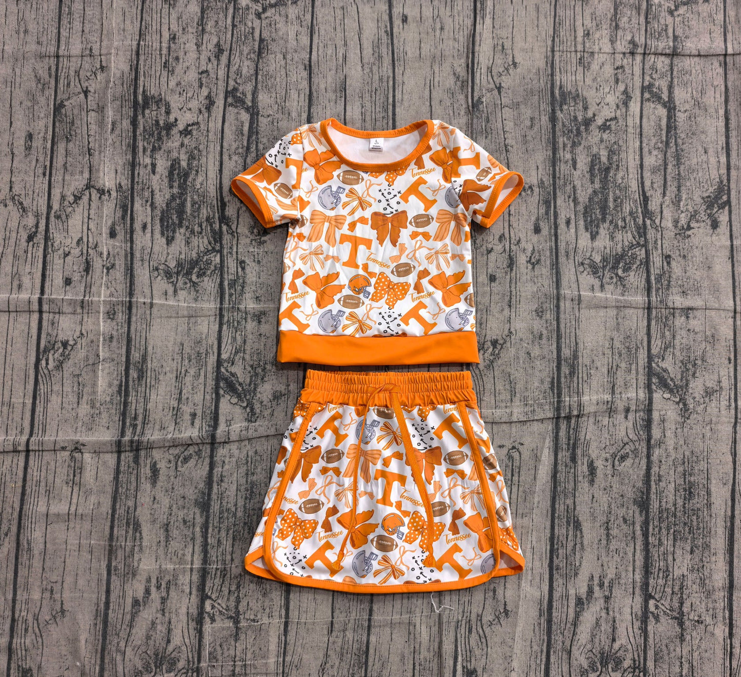 (Sample) No moq yoga GSD4181 Baby Girls Orange Bows Footballs T Top Skirt Shorts Team Yoga Active Clothes Sets