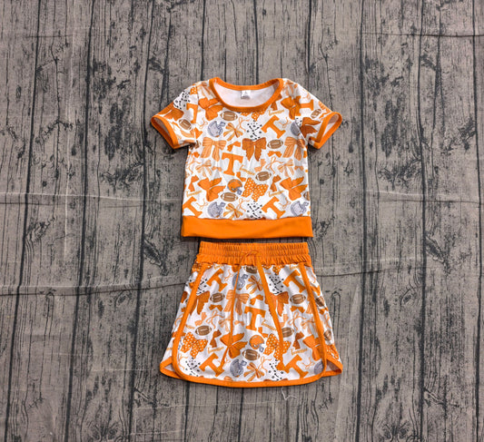 (Sample) No moq yoga GSD4181 Baby Girls Orange Bows Footballs T Top Skirt Shorts Team Yoga Active Clothes Sets