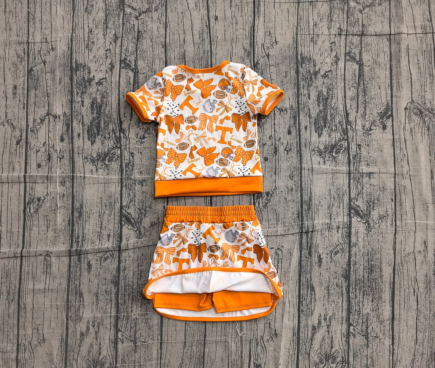 (Sample) No moq yoga GSD4181 Baby Girls Orange Bows Footballs T Top Skirt Shorts Team Yoga Active Clothes Sets