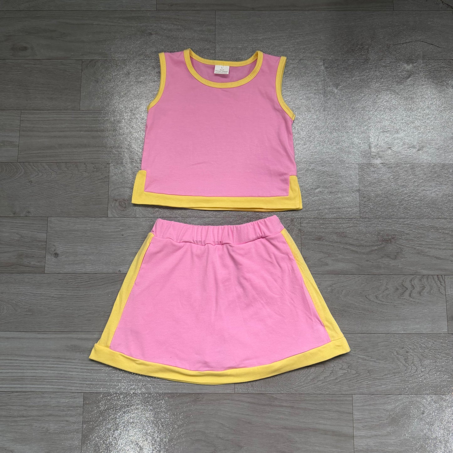 (Sample) No moq cotton GSD4187 Baby Girls Pink Yellow Color Block Sleeveless Vest Top Skirt Summer Clothes Set
