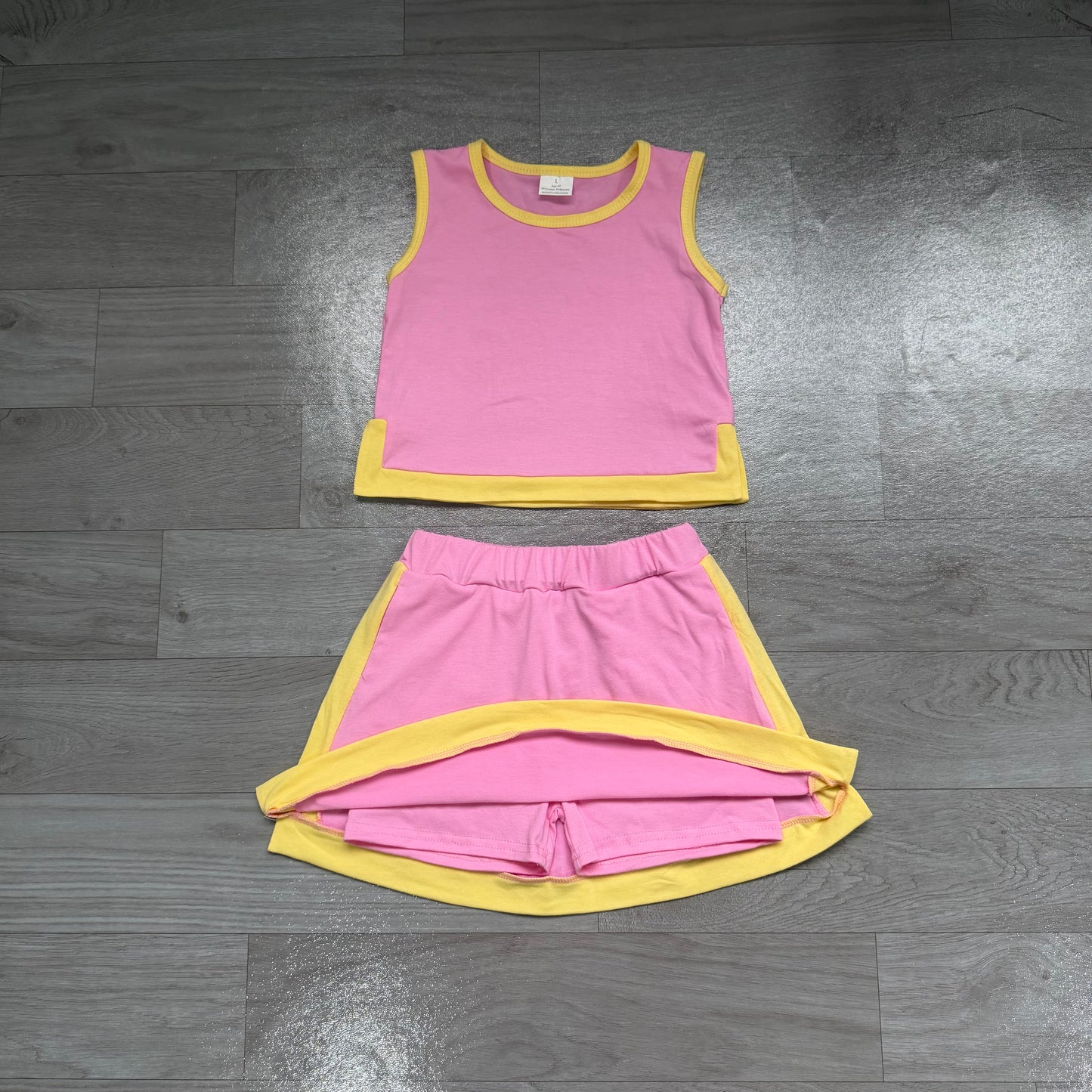 (Sample) No moq cotton GSD4187 Baby Girls Pink Yellow Color Block Sleeveless Vest Top Skirt Summer Clothes Set