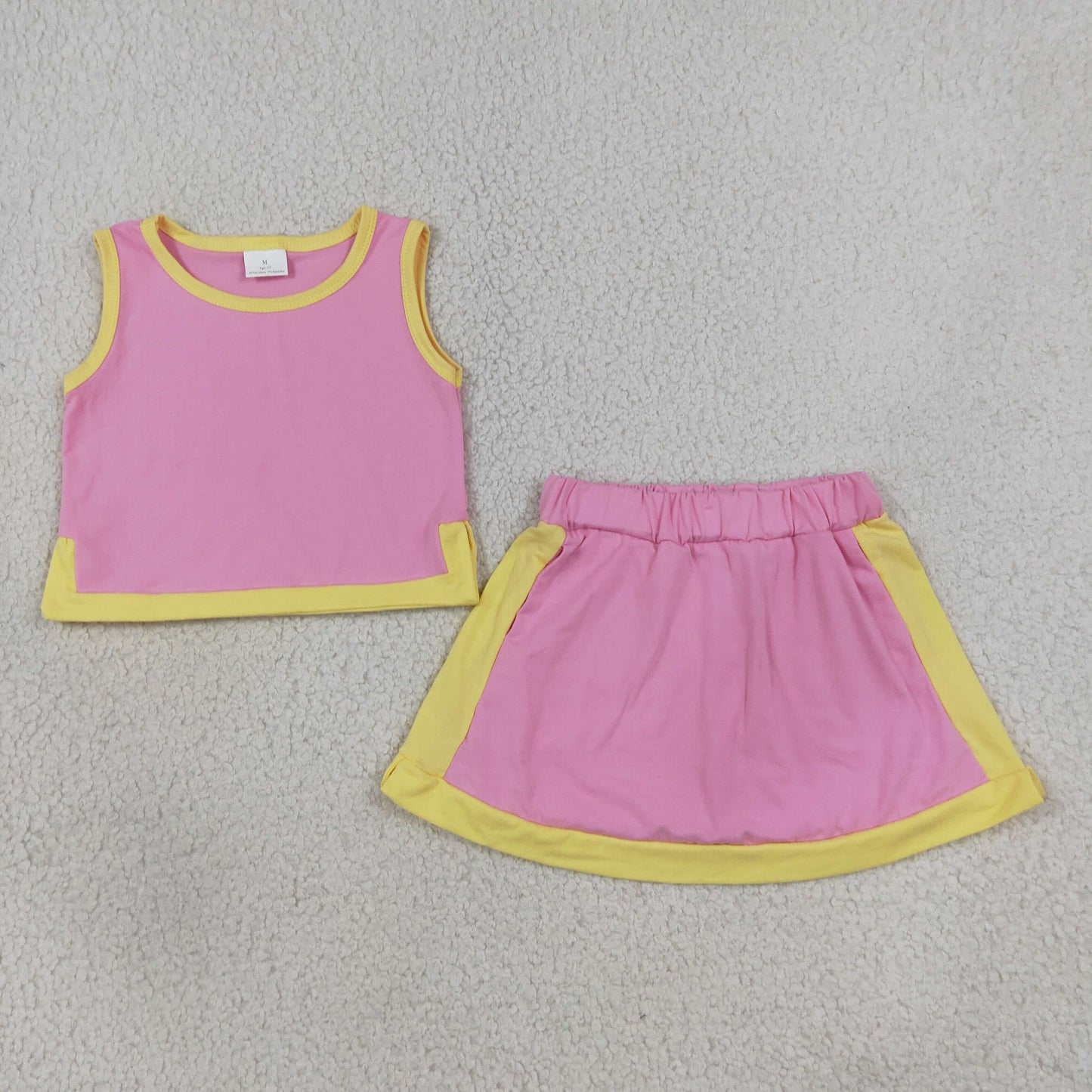 RTS No moq cotton GSD4187 Baby Girls Pink Yellow Sleeveless Vest Top Skirt Short Clothes Sets