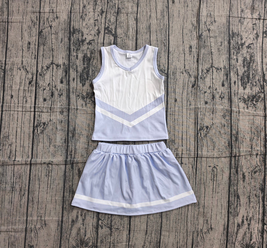 (Sample) No moq GSD4188 Yoga Baby Girls Light Blue Stripe Vest Skort Team Active Outfit