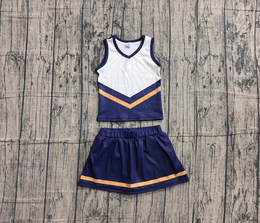 (Sample) No moq GSD4189 Yoga Baby Girls Fashion Navy Gold Stripe Vest Skort Team Active Outfit