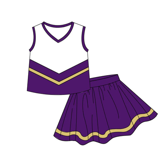(Pre Order) No moq GSD4193 Baby Girls Purple Gold Stripe Vest Top Skirt Shorts Team Yoga Active Clothes Sets