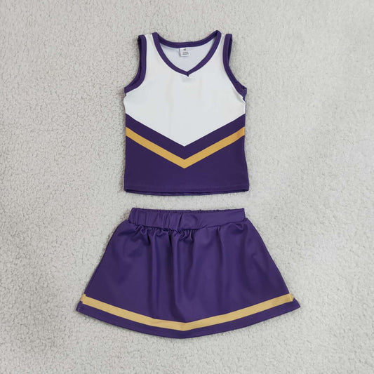 RTS NO MOQ yoga fabric GSD4193 Baby Girls Purple Gold Stripe Vest Top Skirt Shorts Team Yoga Active Sets