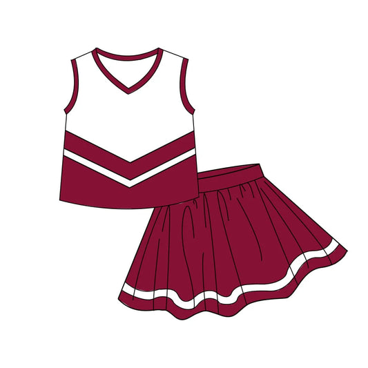 (Pre Order) No moq GSD4195 Baby Girls Maroon Gold Stripe Vest Top Skirt Shorts Team Yoga Active Clothes Sets