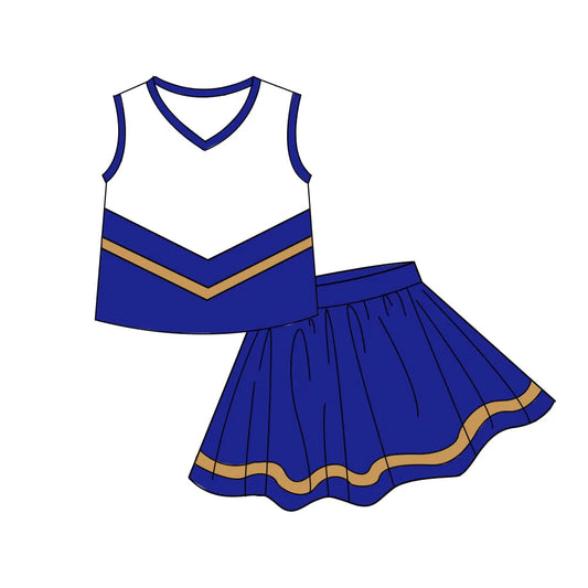(Pre Order) No moq GSD4196 Baby Girls Hot Blue Gold Stripe Vest Top Skirt Shorts Team Yoga Active Clothes Sets