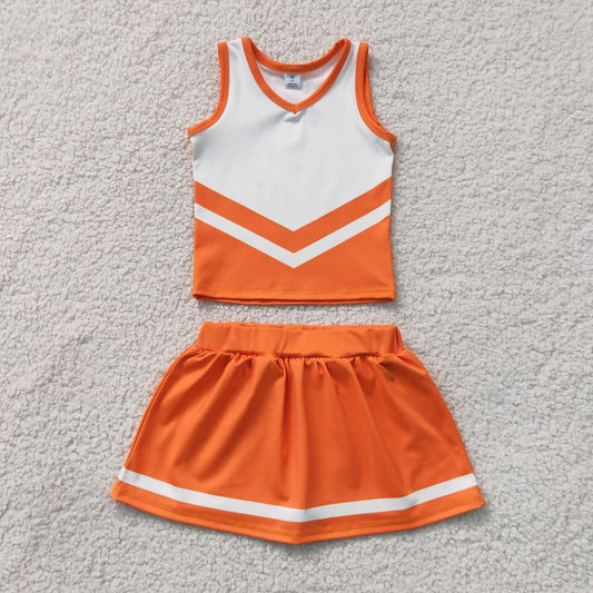 NEW RTS NO MOQ yoga fabric GSD4199 Baby Girls Orange Striped Vest Top Skort Team Yoga Active Sets