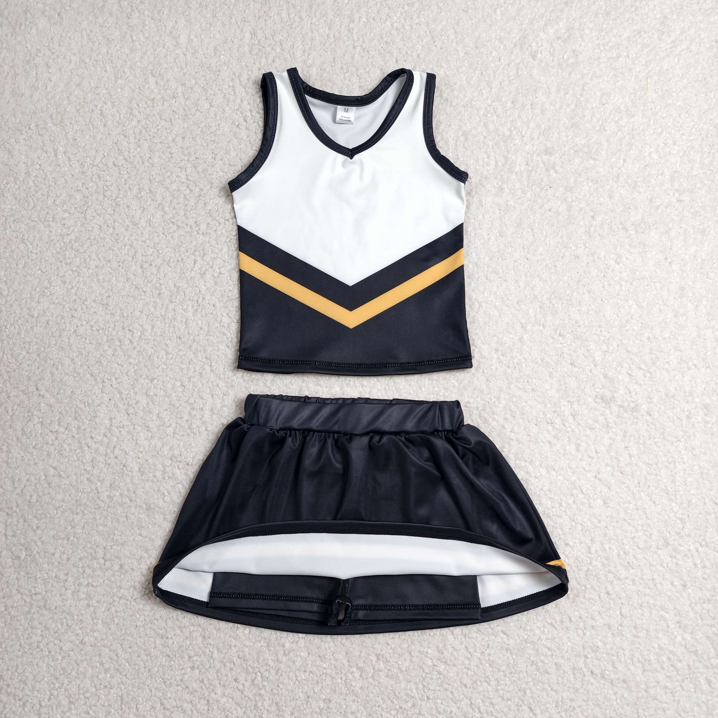 RTS NO MOQ yoga fabric GSD4201 Baby Girls Black Gold Stripe Vest Top Skirt Shorts Team Yoga Active Sets