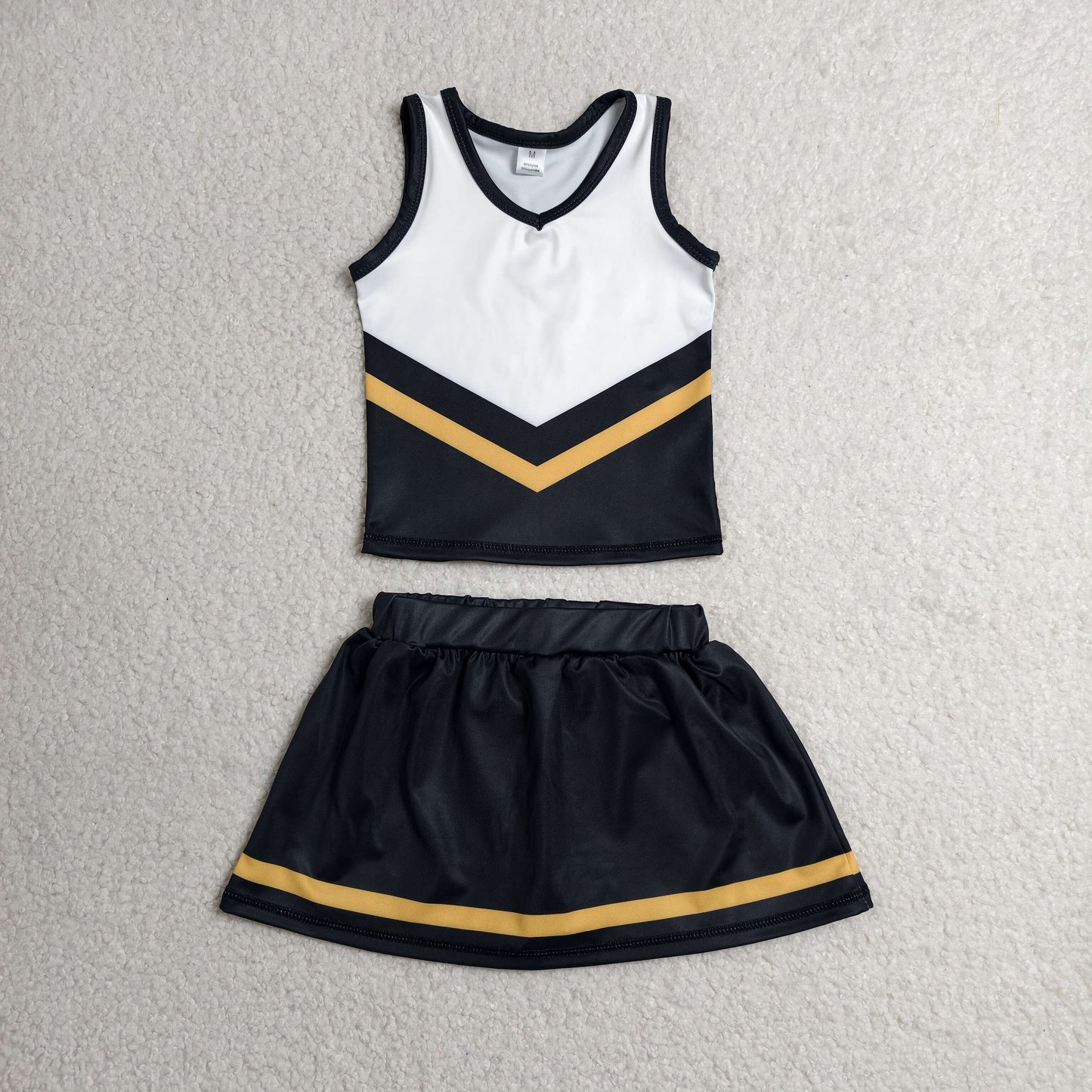 RTS NO MOQ yoga fabric GSD4201 Baby Girls Black Gold Stripe Vest Top Skirt Shorts Team Yoga Active Sets