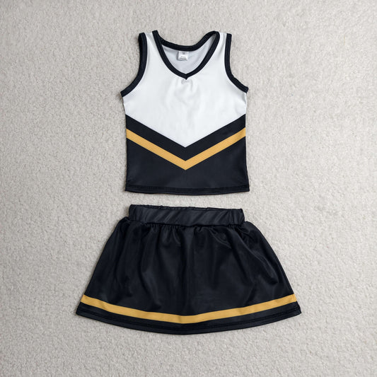 RTS NO MOQ yoga fabric GSD4201 Baby Girls Black Gold Stripe Vest Top Skirt Shorts Team Yoga Active Sets
