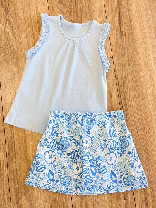 (Pre Order) No moq yoga fabric GSD4215 Baby Girls Light Blue Summer Sleeveless Top Yoga Skirt Set