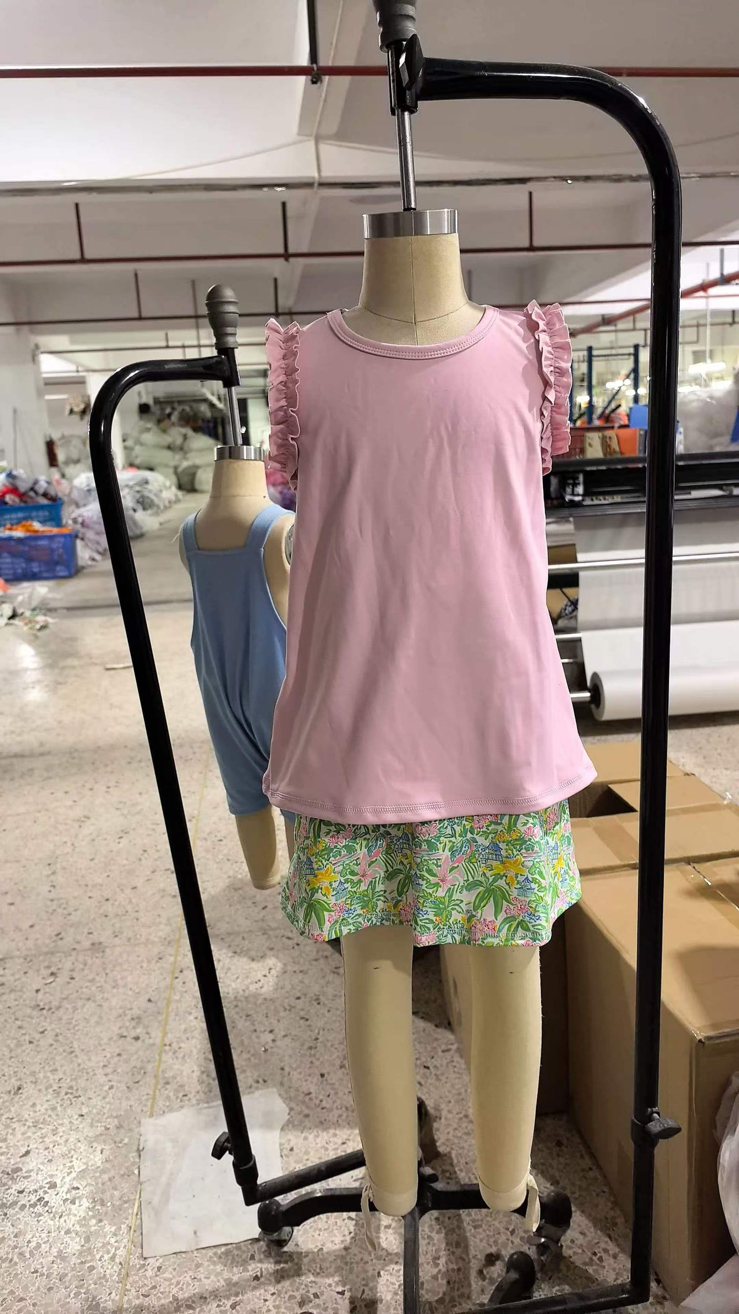(Sample) No moq GSD4217（GT1701+GLK0311） Yoga Baby Girls Light Pink Cotton Sea World Print Tunic Top Scallop Skort Two Piece Yoga Active Clothes Set