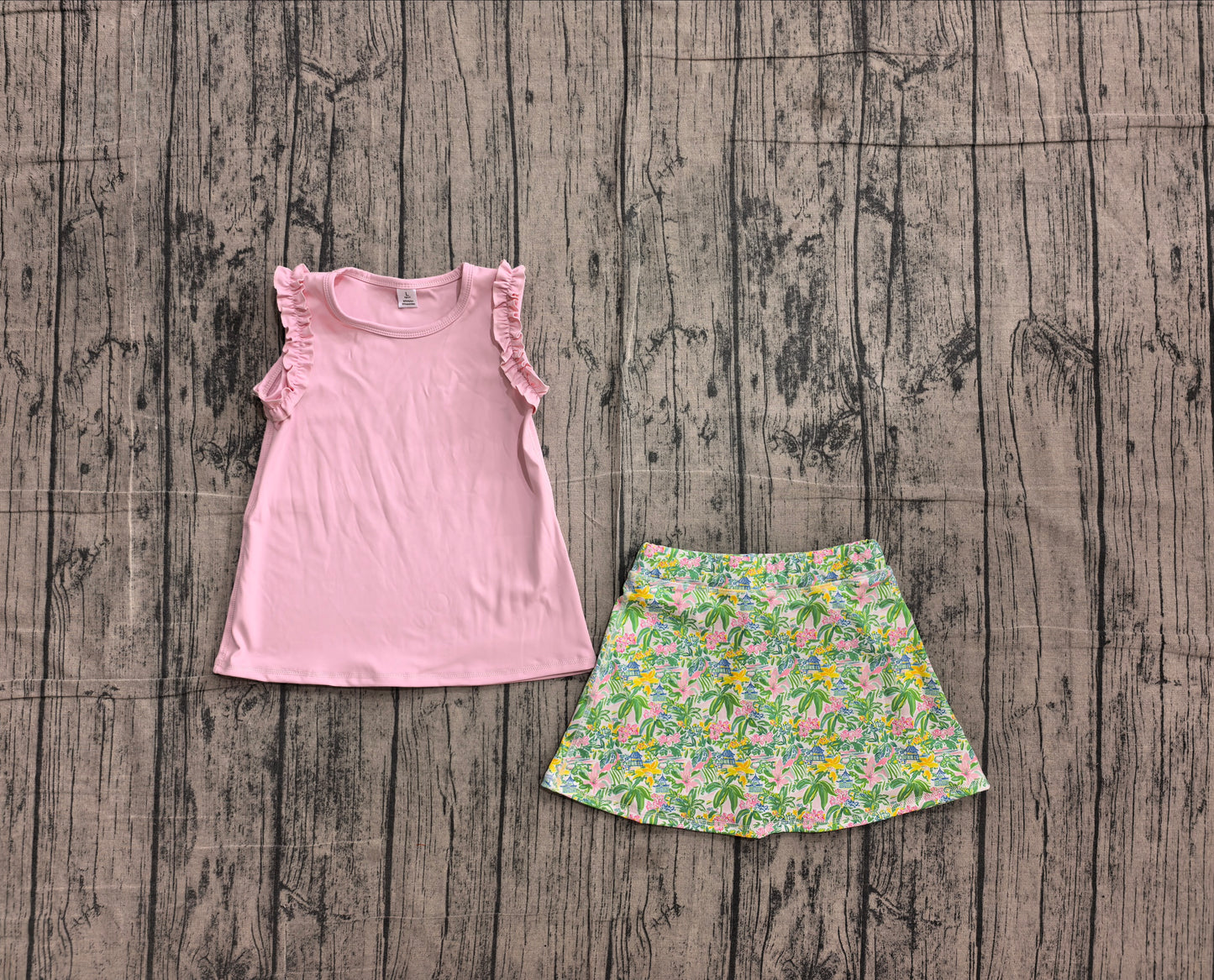(Sample) No moq GSD4217（GT1701+GLK0311） Yoga Baby Girls Light Pink Cotton Sea World Print Tunic Top Scallop Skort Two Piece Yoga Active Clothes Set