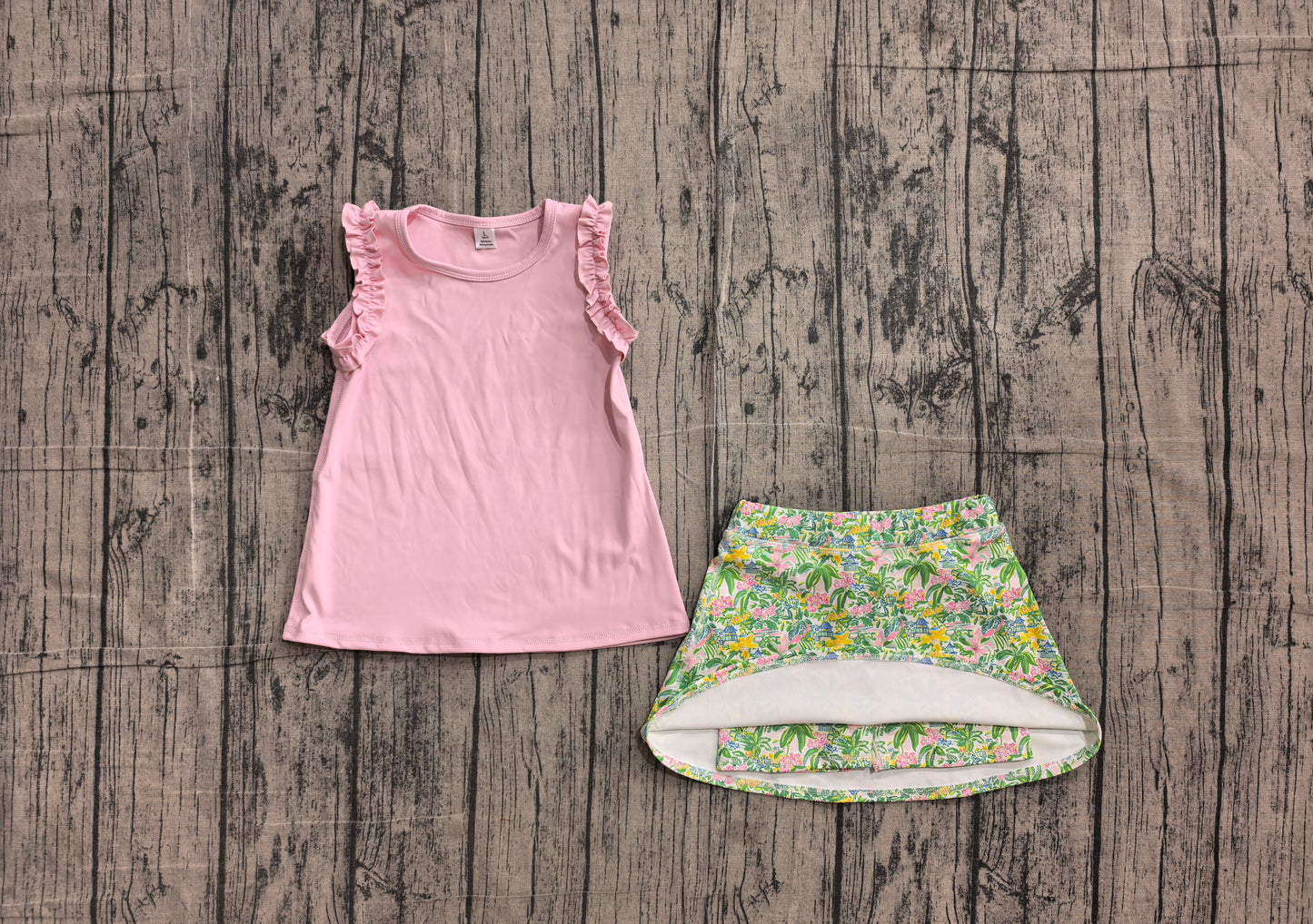 (Sample) No moq GSD4217（GT1701+GLK0311） Yoga Baby Girls Light Pink Cotton Sea World Print Tunic Top Scallop Skort Two Piece Yoga Active Clothes Set