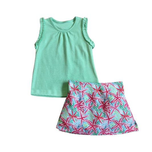 (Pre Order) No moq yoga fabric GSD4218 Baby Girls Light Blue Summer Green Sleeveless Top Yoga Skirt Set