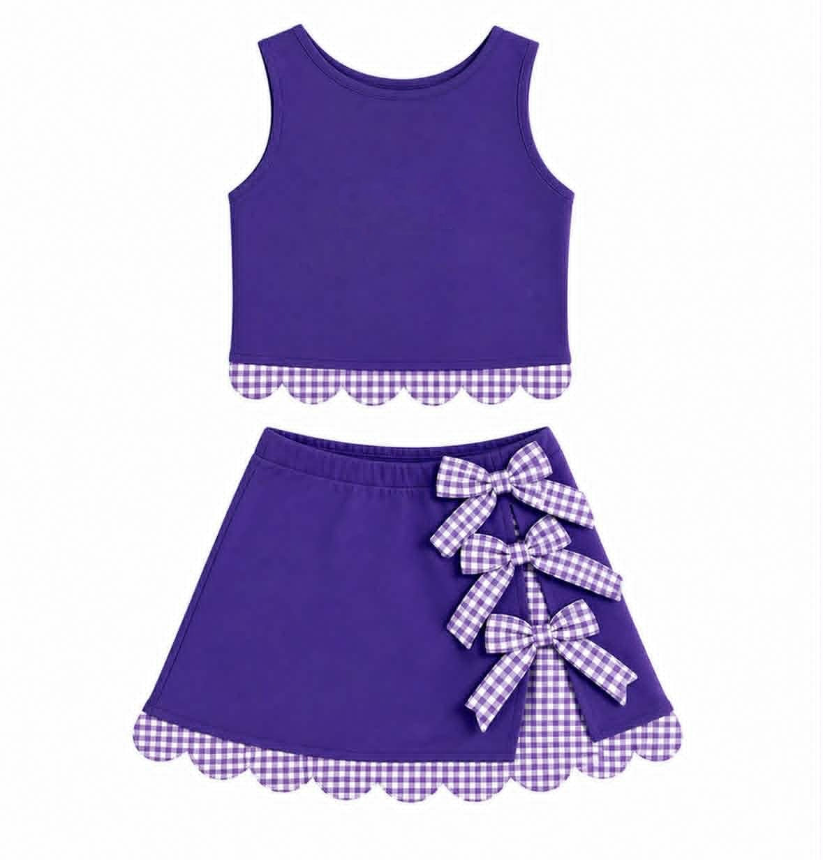 (Pre Order) No moq yoga fabric GSD4225 Baby Girls Purple Yoga Active Scallop Sleeveless Vest Skirt Short Set