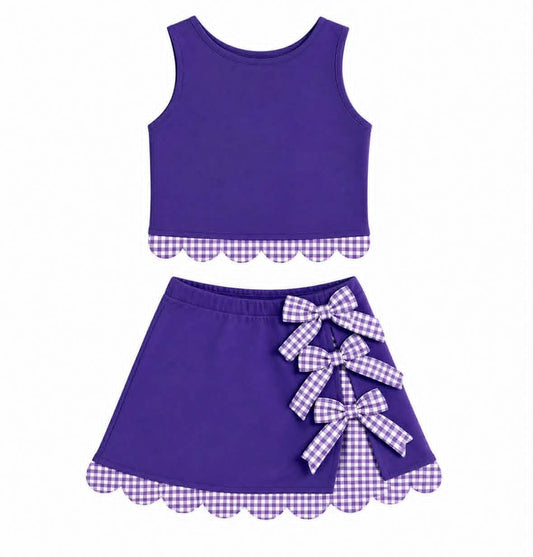 (Pre Order) No moq yoga fabric GSD4225 Baby Girls Purple Yoga Active Scallop Sleeveless Vest Skirt Short Set