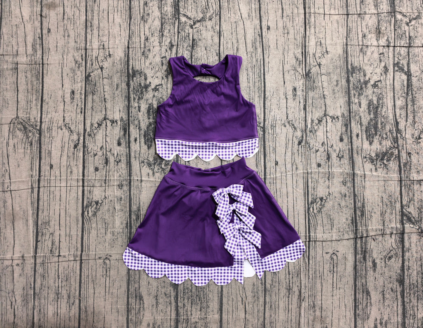 (Sample) No moq yoga fabric cotton GSD4225 Yoga Baby Girls Purple Sleeveless Vest Bows Scallop Skirt Shorts Yoga Active Clothes Set