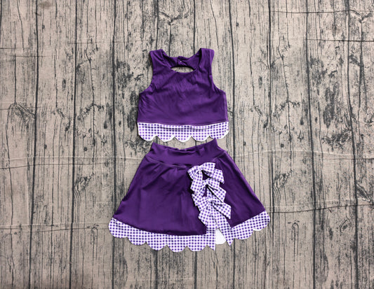 (Sample) No moq yoga fabric cotton GSD4225 Yoga Baby Girls Purple Sleeveless Vest Bows Scallop Skirt Shorts Yoga Active Clothes Set