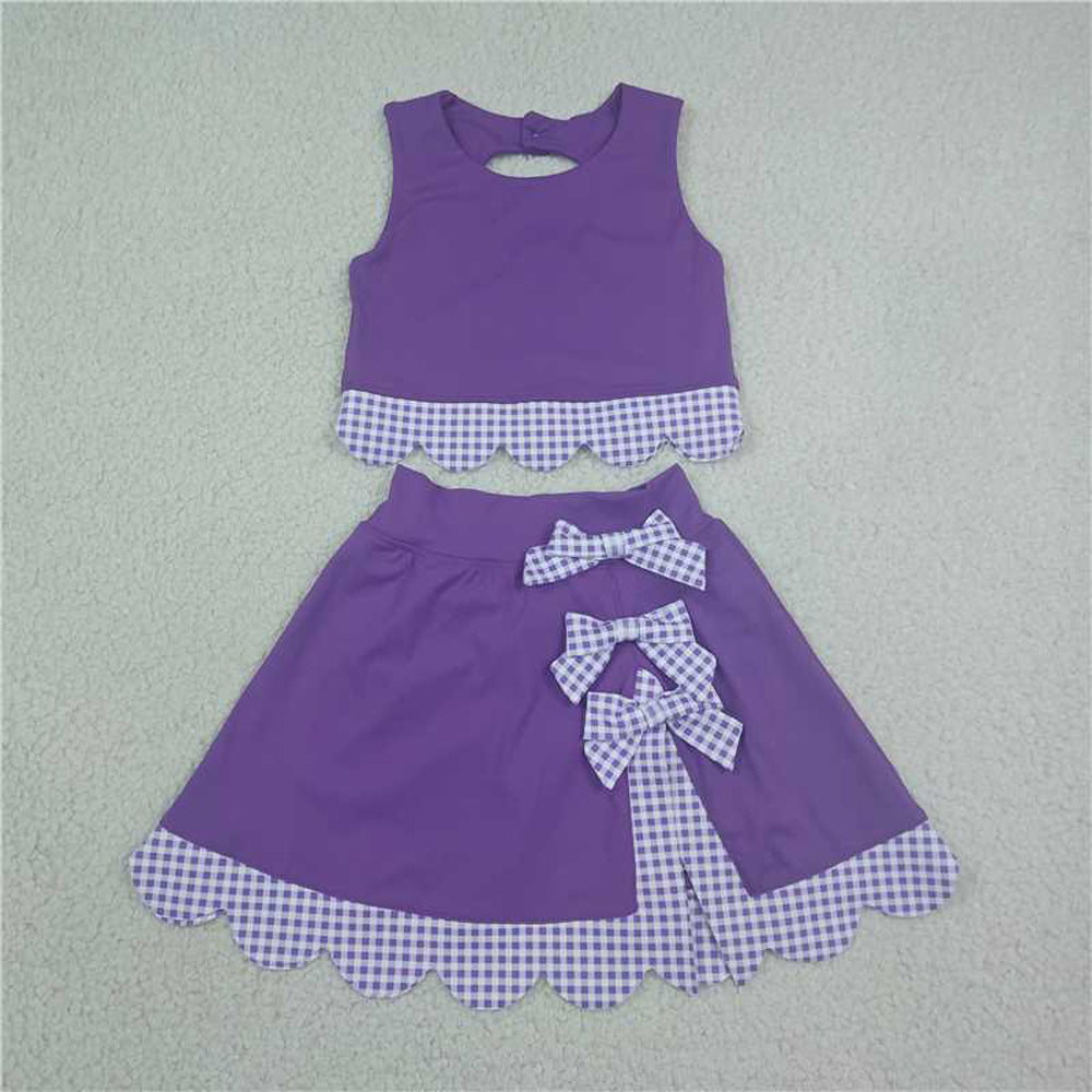 RTS NO MOQ Sibling yoga fabric Baby Girls Vest Top With Bows Matching Scallop Skort Two Piece Yoga Active Clothes Set