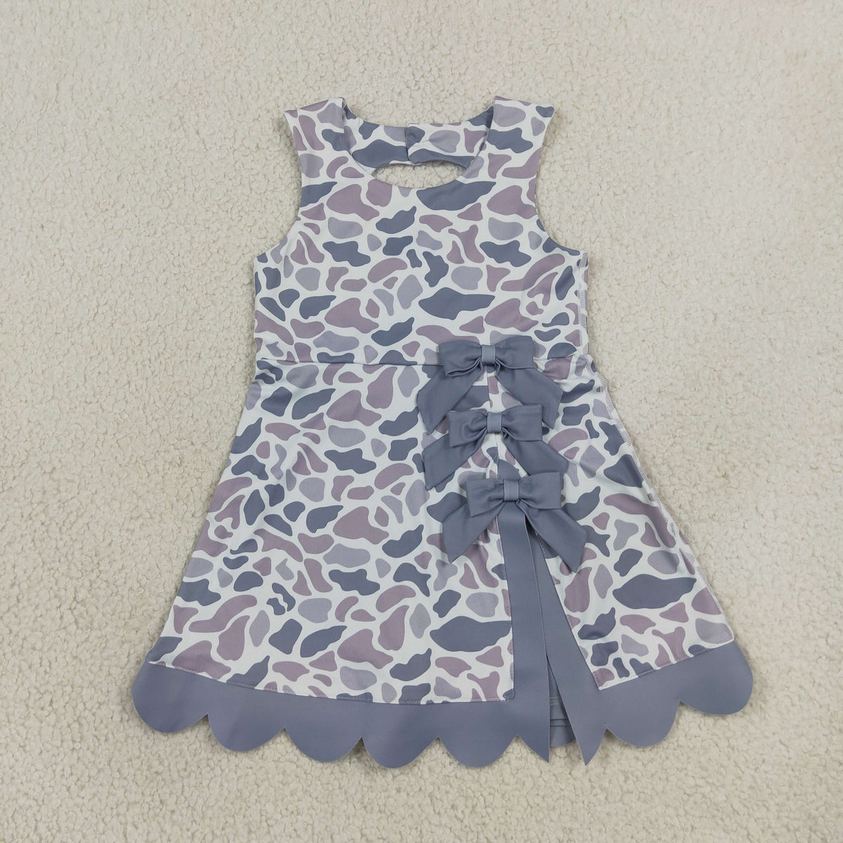 RTS NO MOQ Sibling yoga fabric Baby Girls Camo Sleeveless Dress Back Bow Scallop Hem Casual Summer Dress