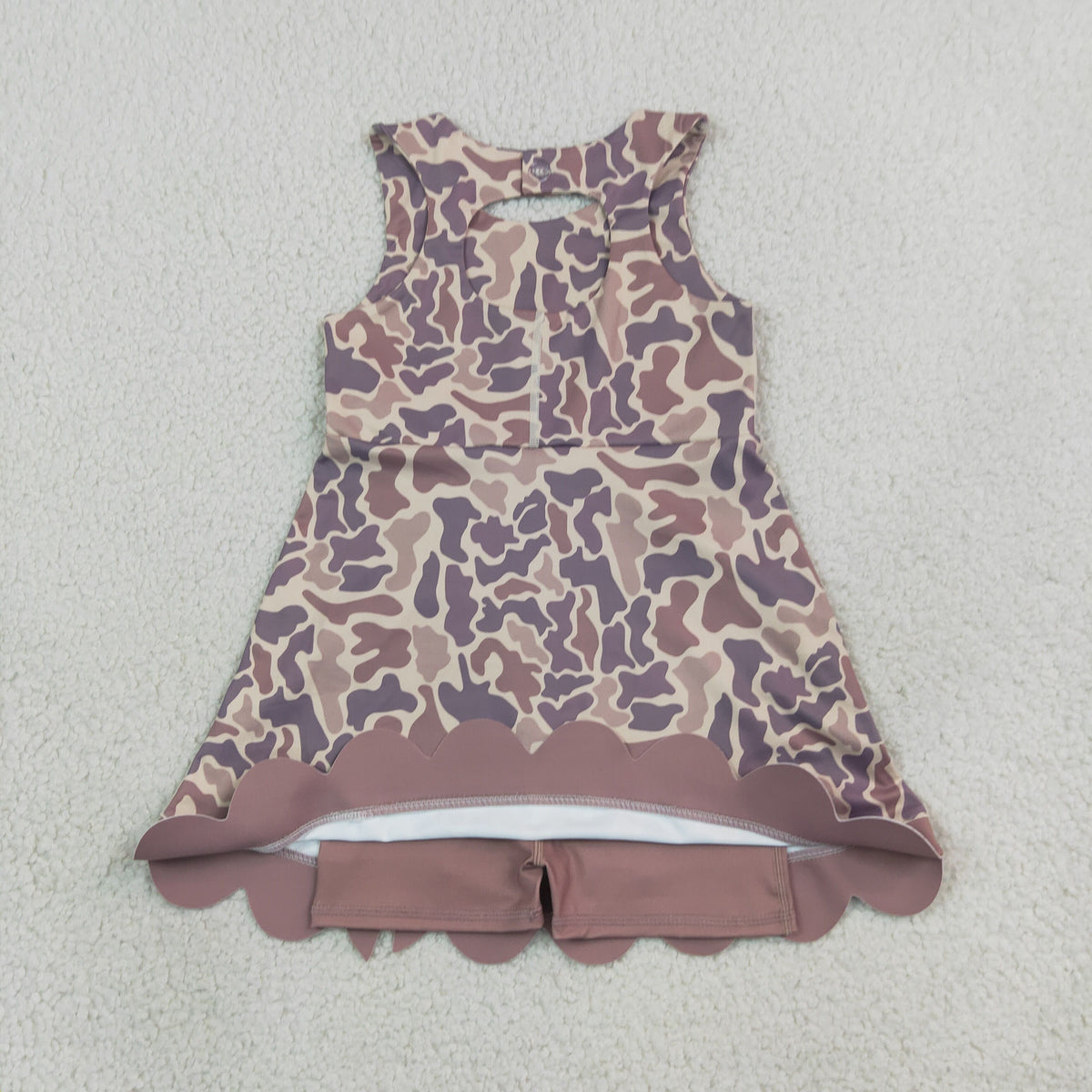 NEW RTS NO MOQ yoga fabric GSD4227 Baby Girls Sleeveless Khaki Camo Yoga Active Short Scallop Bows Knee Length Dress