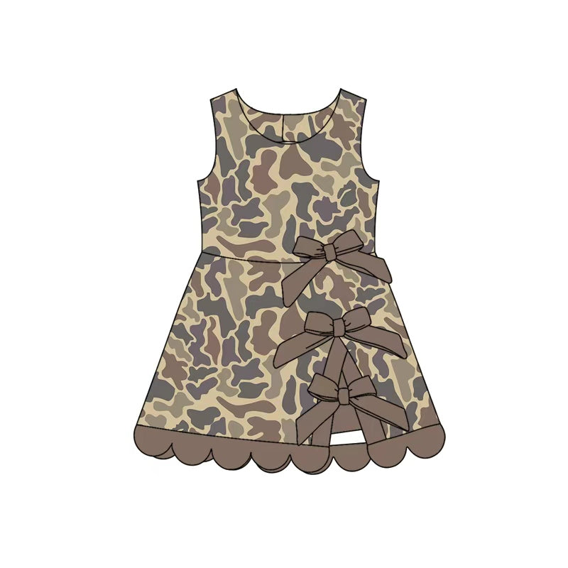 (Preorder new) No moq milk silk Baby Girls Camo Yoga Active Scallop Bows Short Knee Length Dress