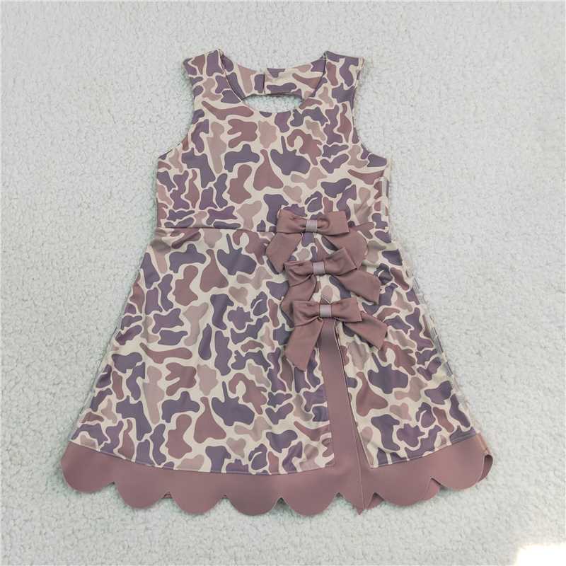 RTS NO MOQ Sibling yoga fabric Baby Girls Camo Yoga Scallop Bows Sleeveless Short Knee Length Dress