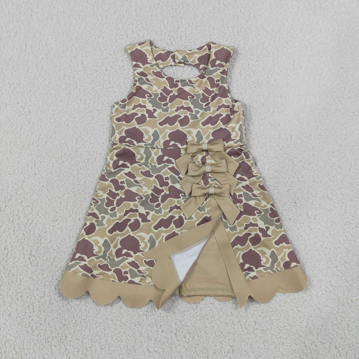 NEW RTS NO MOQ yoga fabric GSD4228 Yoga Baby Girls Khaki Camo Print Bow Scallop Knee Length Yoga Skort Dress