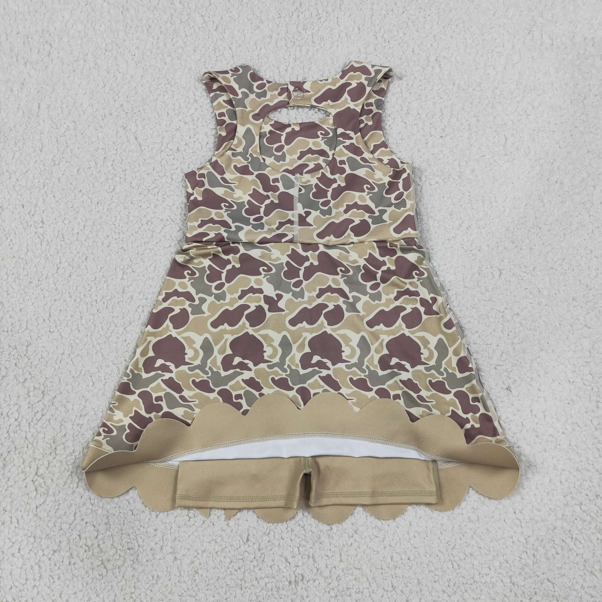 NEW RTS NO MOQ yoga fabric GSD4228 Yoga Baby Girls Khaki Camo Print Bow Scallop Knee Length Yoga Skort Dress