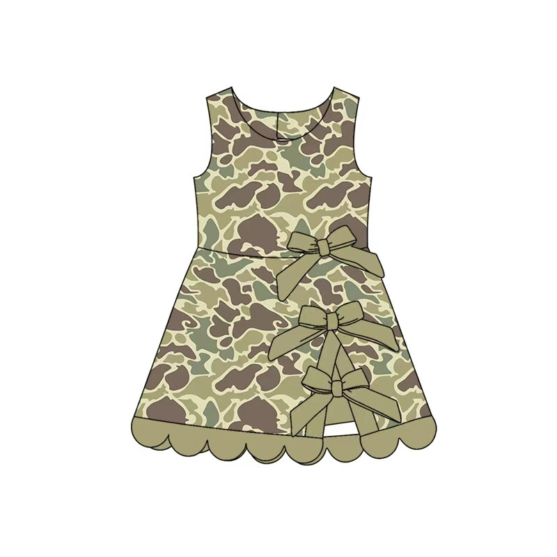 (Preorder new) No moq milk silk Baby Girls Camo Yoga Active Scallop Bows Short Knee Length Dress