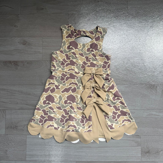 (Sample) No moq yoga fabric GSD4228 Yoga Baby Girls Khaki Camo Print Bow Scallop Knee Length Yoga Active Skort Dress