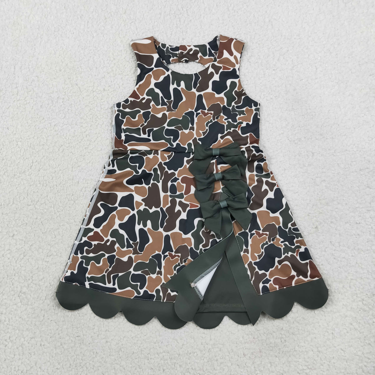 NEW RTS NO MOQ yoga fabric GSD4229 Baby Girls Dark Brown Camo Scallop Knee Length Sport Dress