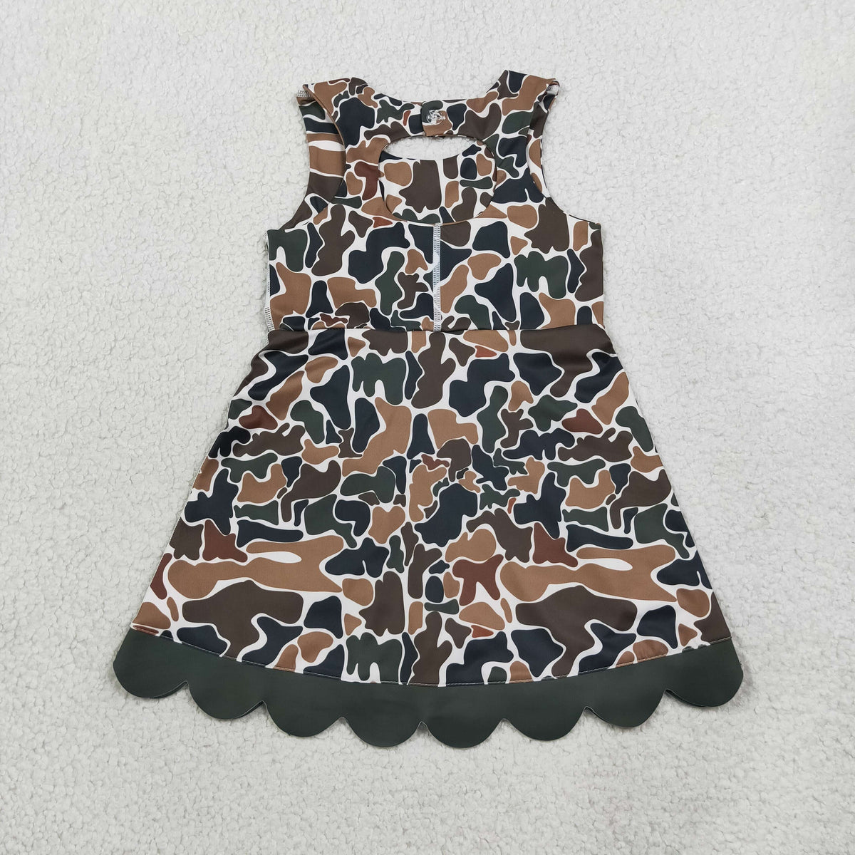 NEW RTS NO MOQ yoga fabric GSD4229 Baby Girls Dark Brown Camo Scallop Knee Length Sport Dress