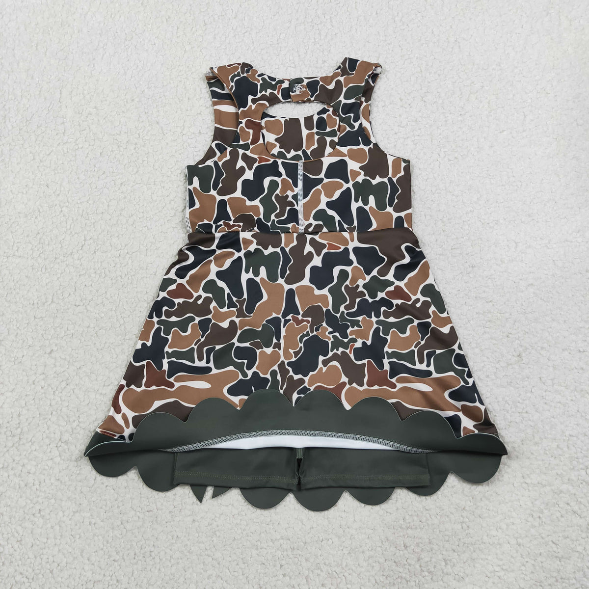 NEW RTS NO MOQ yoga fabric GSD4229 Baby Girls Dark Brown Camo Scallop Knee Length Sport Dress