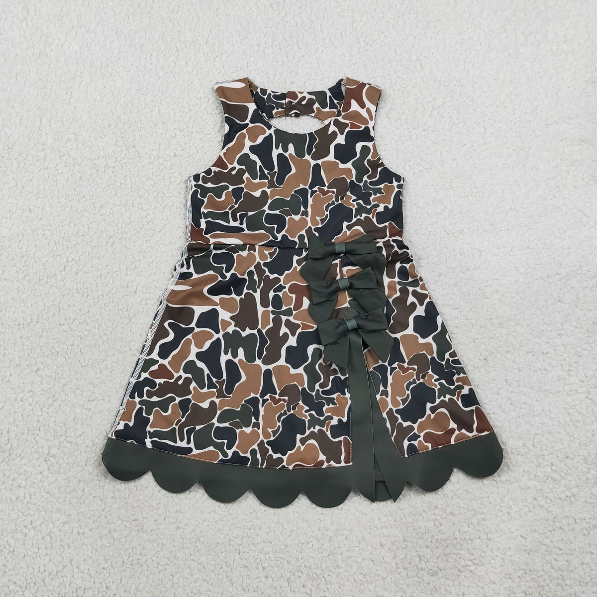 RTS NO MOQ Sibling yoga fabric Baby Girls Camo Yoga Scallop Bows Sleeveless Short Knee Length Dress