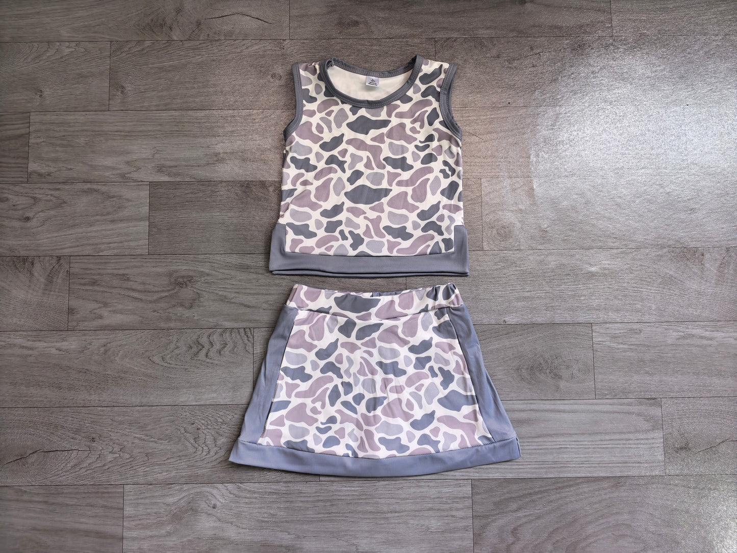 (Sample) No moq yoga fabric GSD4230 Yoga Baby Girls Light Gray Camo Vest Cute Short Skort Yoga Matching Sets