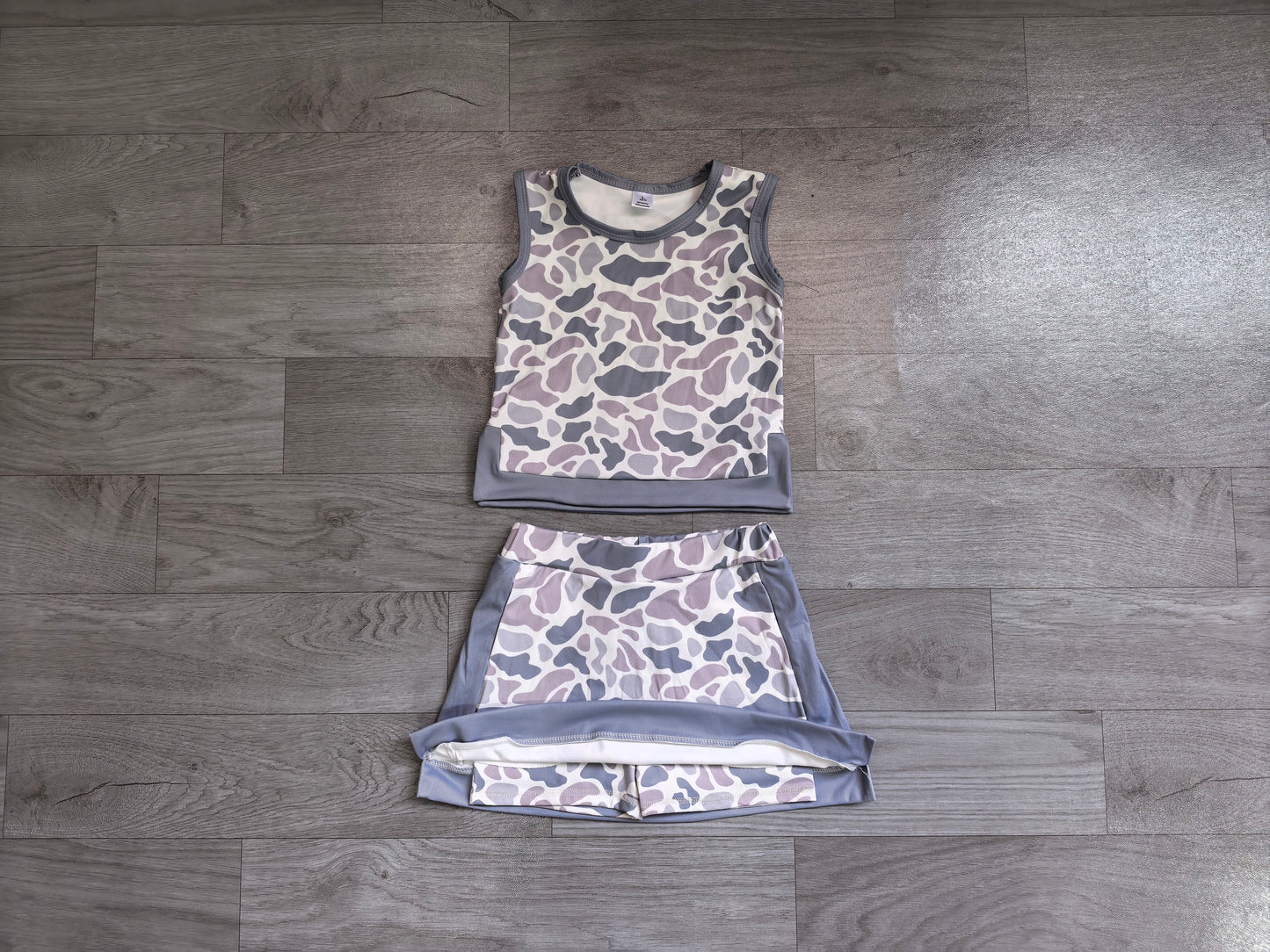 (Sample) No moq yoga fabric GSD4230 Yoga Baby Girls Light Gray Camo Vest Cute Short Skort Yoga Matching Sets
