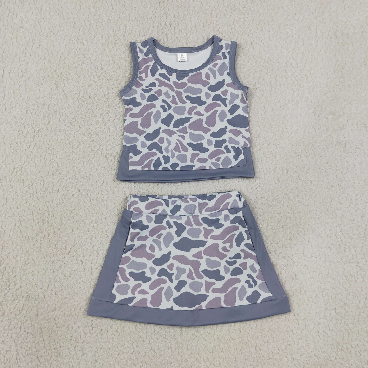 RTS NO MOQ Sibling yoga fabric Baby Girls Camo Print Sleeveless Vest Top Skort Two Piece Yoga Active Summer Outfit Set