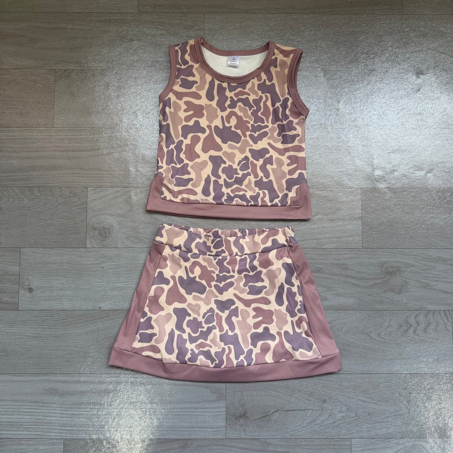 (Sample) No moq yoga fabric GSD4231 Yoga Baby Girls Brown Camo Sleeveless Vest Top Short Skirt Yoga Active Clothes Set